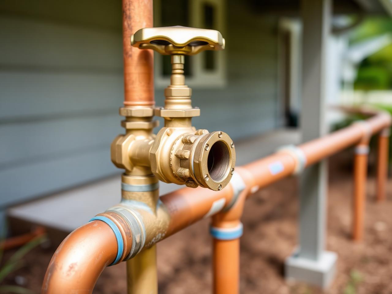 Brass backflow preventer installed on copper pipes