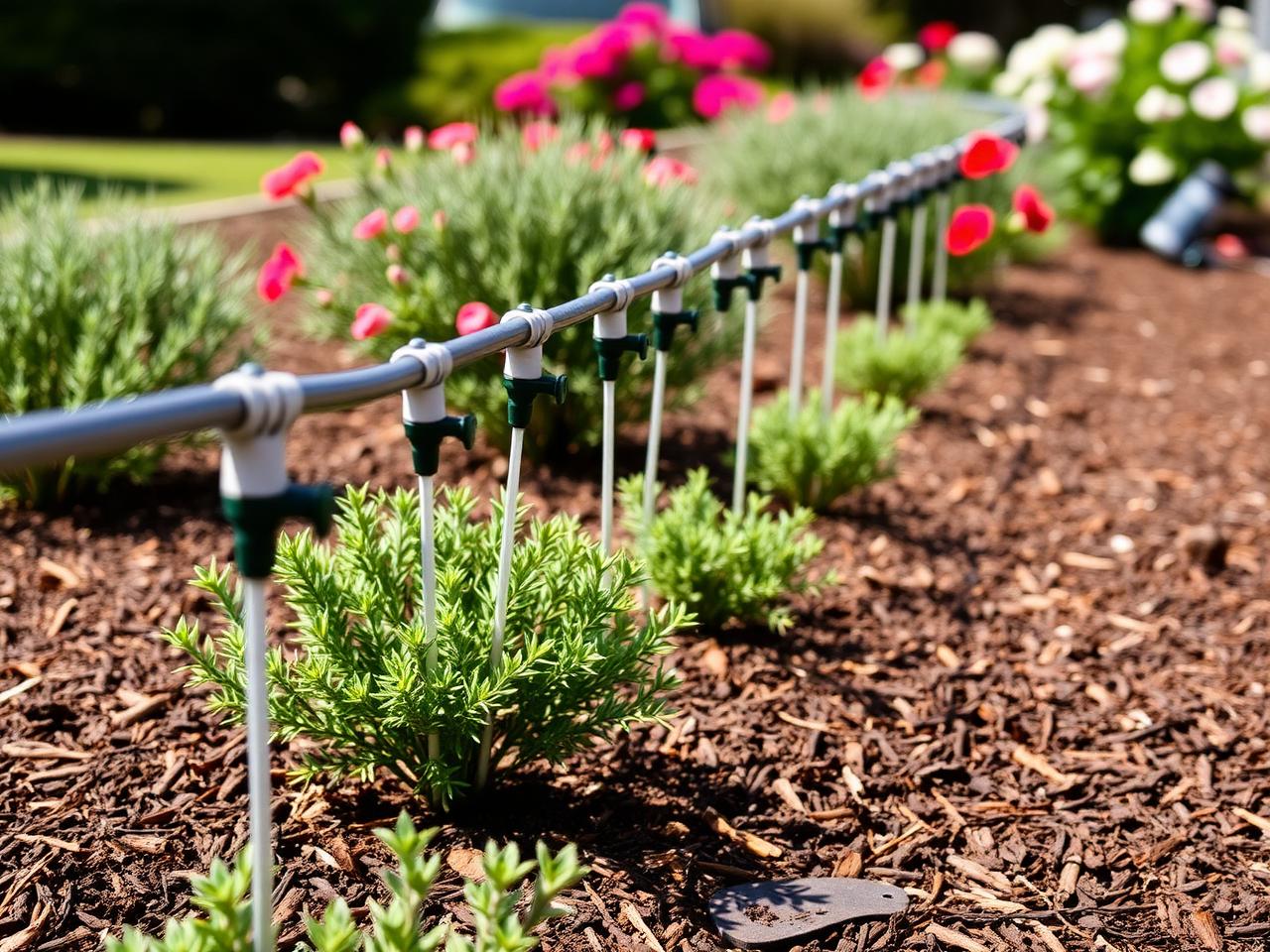 Drip irrigation tubing with emitters watering garden shrubs