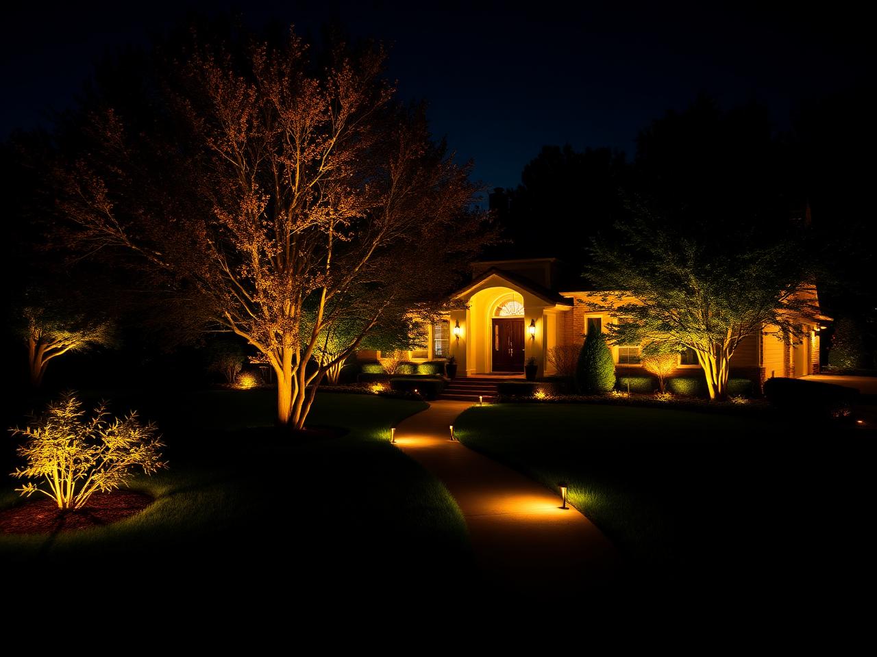 Beautiful nighttime landscape lighting illuminating trees and walkways