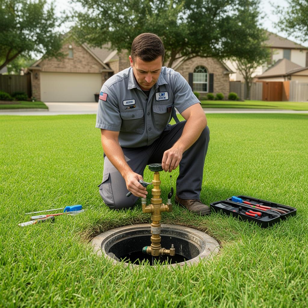 Technician repairing a sprinkler valve in a green lawn
